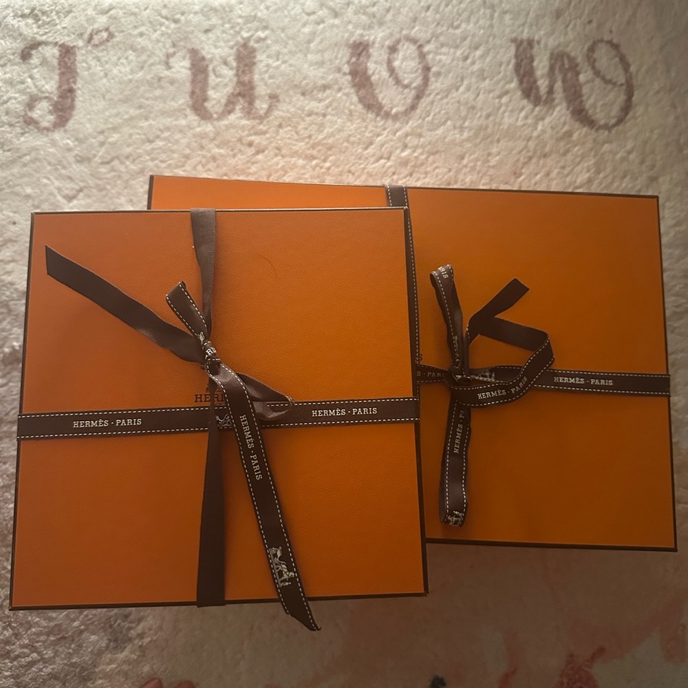 Hermès Orange Gift Boxes with Brown Ribbon